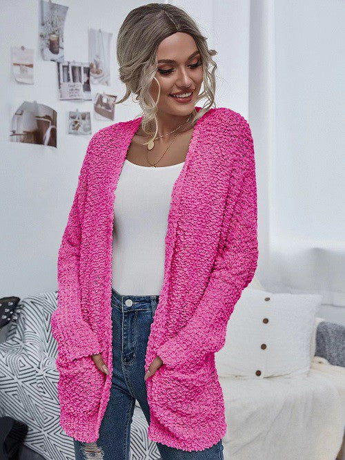 HotPink Knit Open Cardigan With Pockets