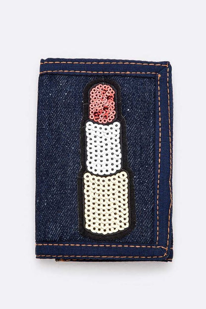 Sequin Lipstick Patch Tri-Fold Denim Wallet