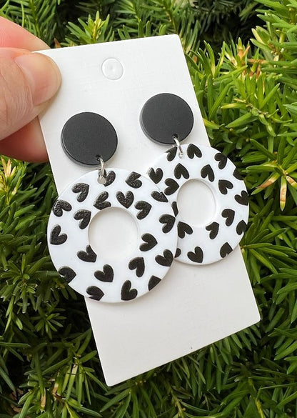 Black White Heart Circle Acrylic Earrings