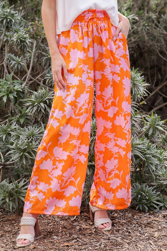 Tropical Print Wide Pants With Self Tie Drawstring