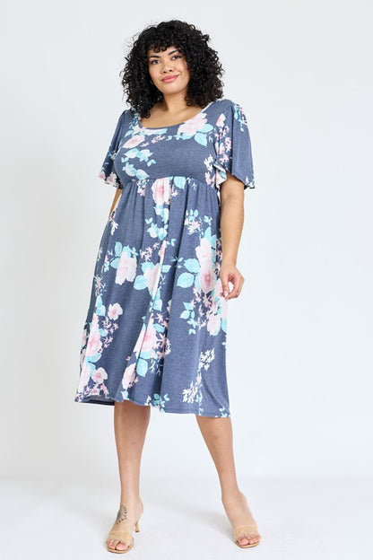 Plus Kimono Sleeve Floral Tea Length Dress