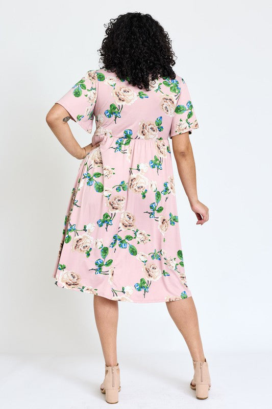 Plus Kimono Sleeve Floral Tea Length Dress