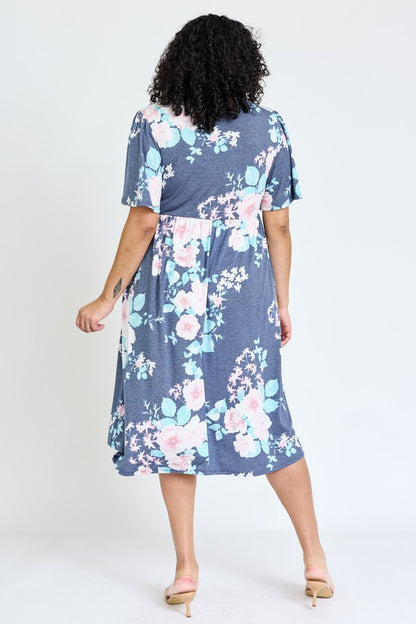 Plus Kimono Sleeve Floral Tea Length Dress