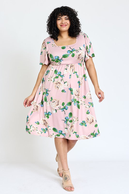 Plus Kimono Sleeve Floral Tea Length Dress