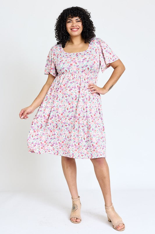 Plus Kimono Sleeve Floral Tea Length Dress