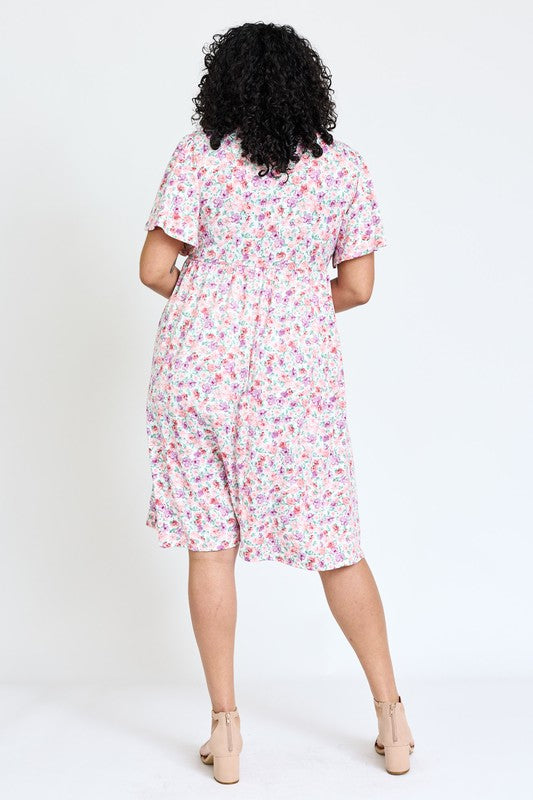 Plus Kimono Sleeve Floral Tea Length Dress