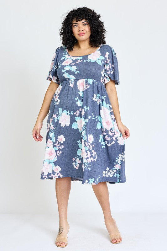 Plus Kimono Sleeve Floral Tea Length Dress