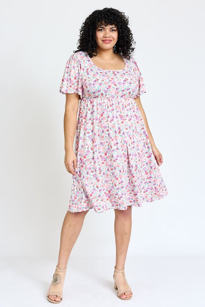 Plus Kimono Sleeve Floral Tea Length Dress