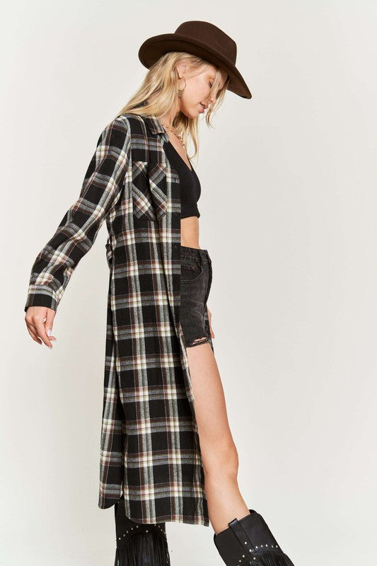 PLAID PRINT COLLAR LONG SHIRT DRESS PLUS