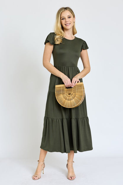 Solid Flutter Sleeve Tiered Tea Length Dress