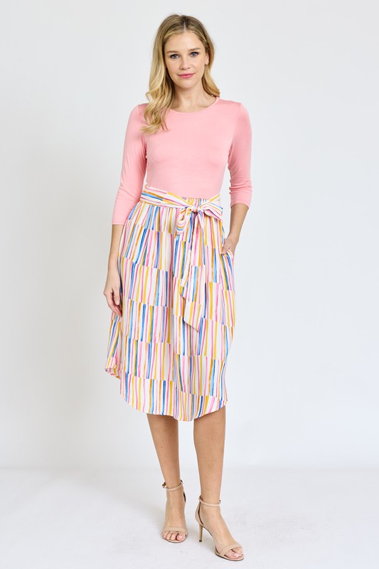 Quarter Sleeve Stripe Sash Midi Dress