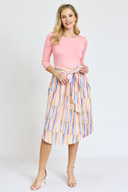 Quarter Sleeve Stripe Sash Midi Dress