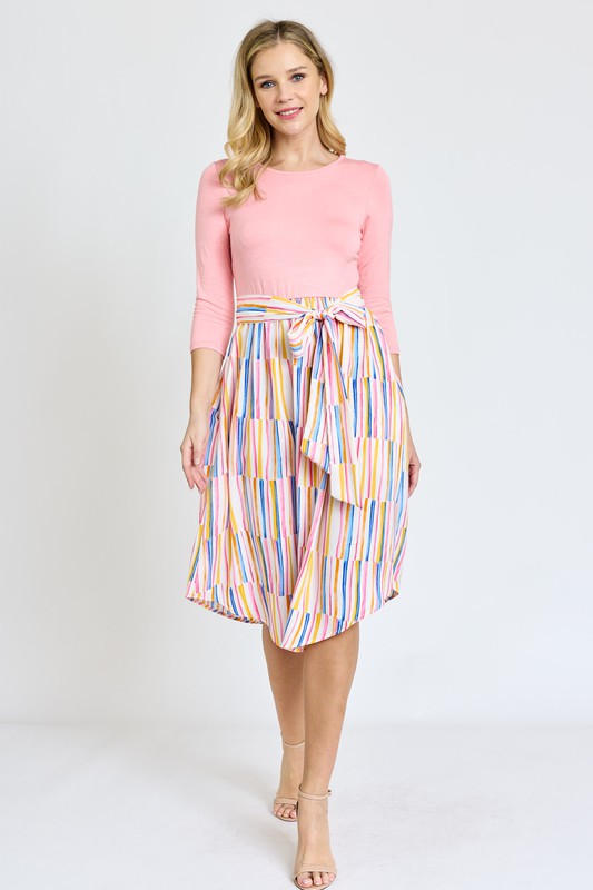 Quarter Sleeve Stripe Sash Midi Dress