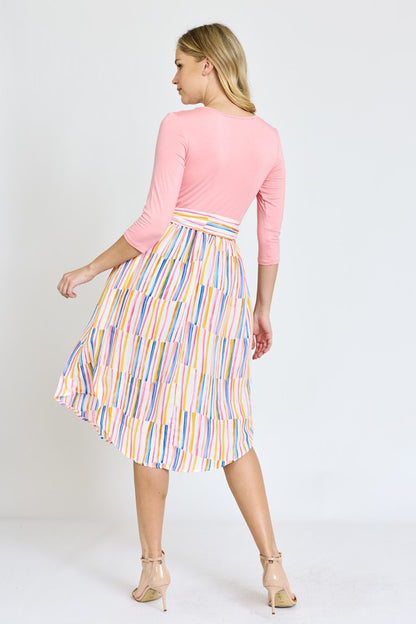 Quarter Sleeve Stripe Sash Midi Dress