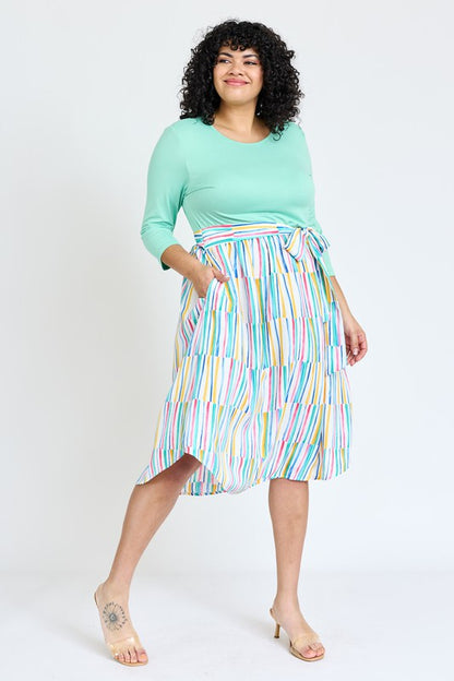 Quarter Sleeve Stripe Sash Midi Dress