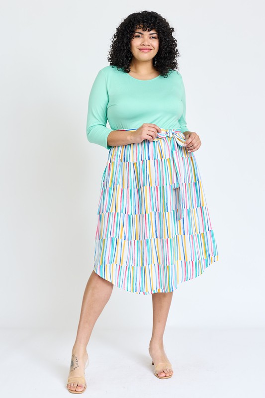 Quarter Sleeve Stripe Sash Midi Dress