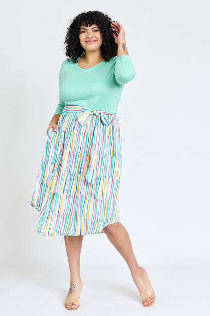 Quarter Sleeve Stripe Sash Midi Dress