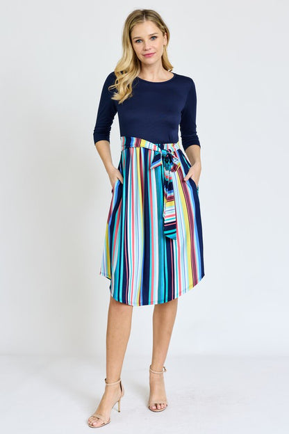 Quarter Sleeve Multi Stripe Sash Midi Dress