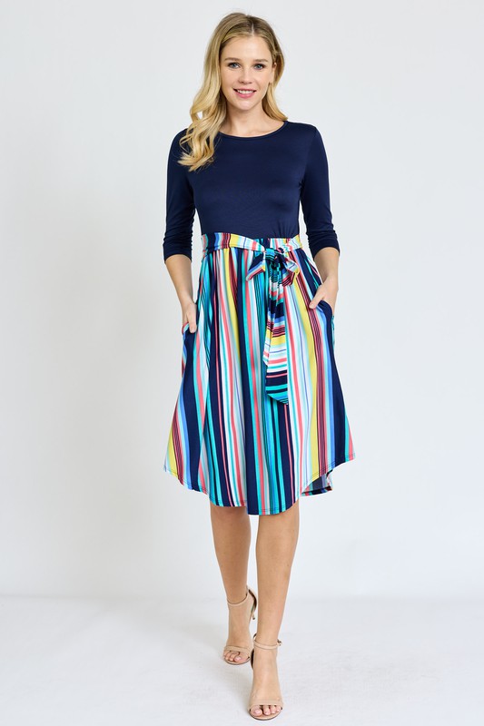 Quarter Sleeve Multi Stripe Sash Midi Dress