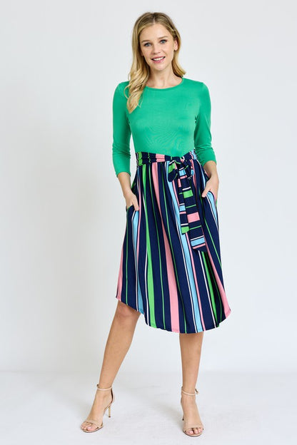 Quarter Sleeve Multi Stripe Sash Midi Dress