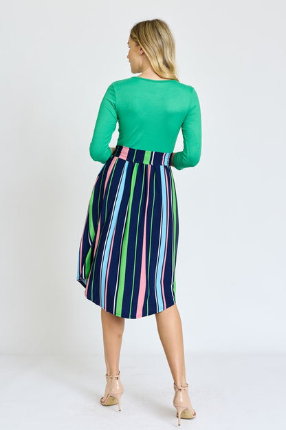 Quarter Sleeve Multi Stripe Sash Midi Dress