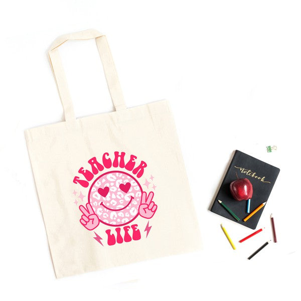 Teacher Life Leopard Smiley Face Tote