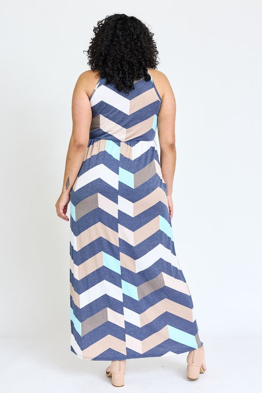 Plus Halter Neck Chevron Maxi Dress