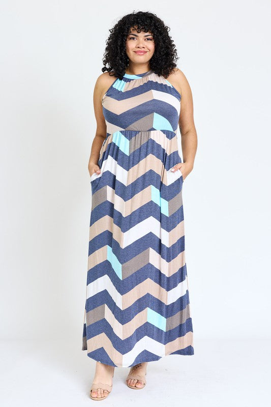 Plus Halter Neck Chevron Maxi Dress