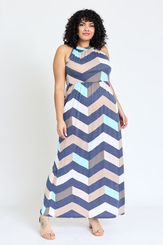 Plus Halter Neck Chevron Maxi Dress