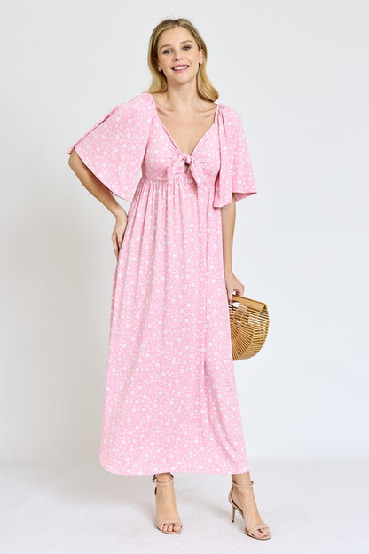 Floral Angel Sleeve Front Tie Maxi Dress