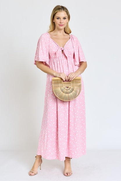 Floral Angel Sleeve Front Tie Maxi Dress