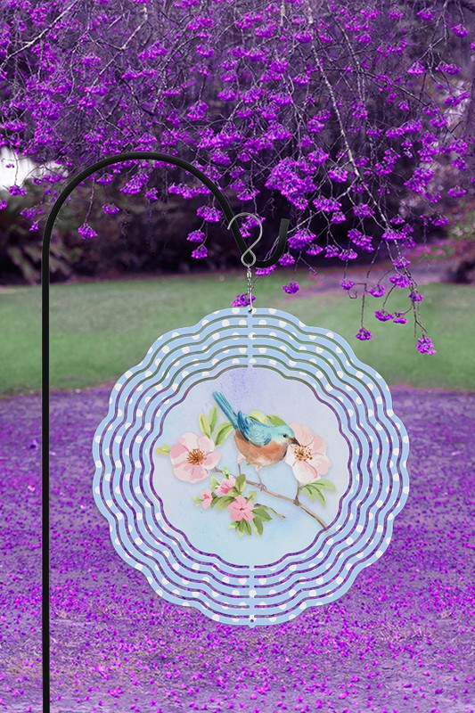 Blue Bird Pink Flowers Spring Wind Spinner