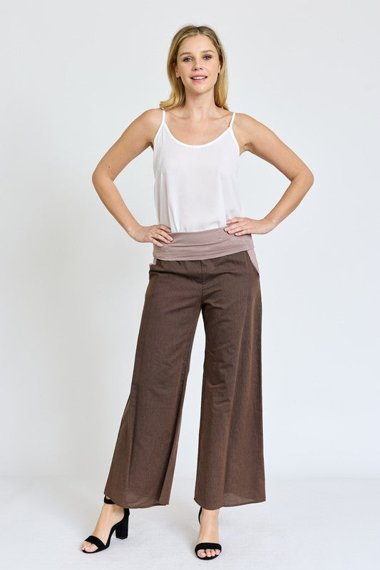 Cotton Linen Wide Leg Pants Fold Over With Pockets