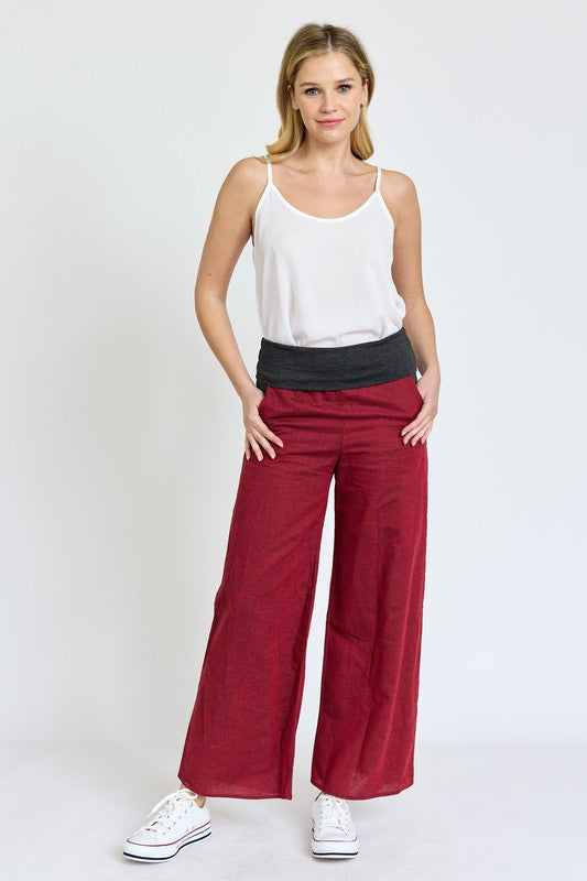 Cotton Linen Wide Leg Pants Fold Over With Pockets