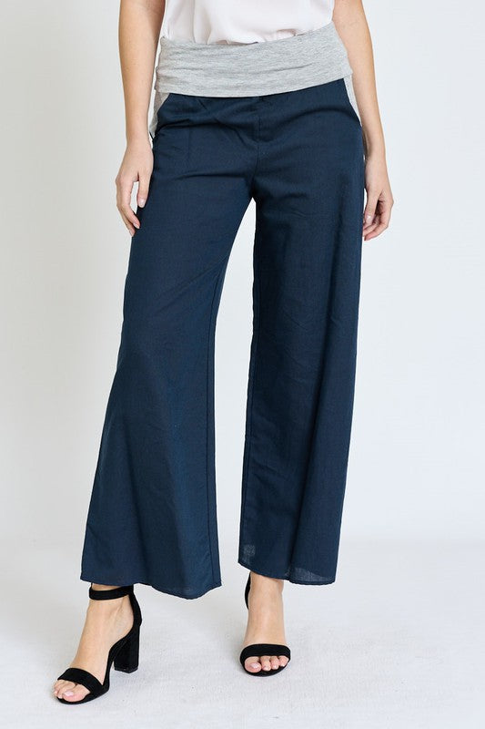 Cotton Linen Wide Leg Pants Fold Over With Pockets