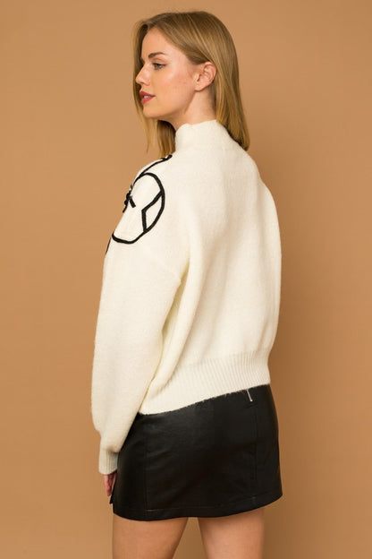 Flower Embroidery Mock Neck Sweater