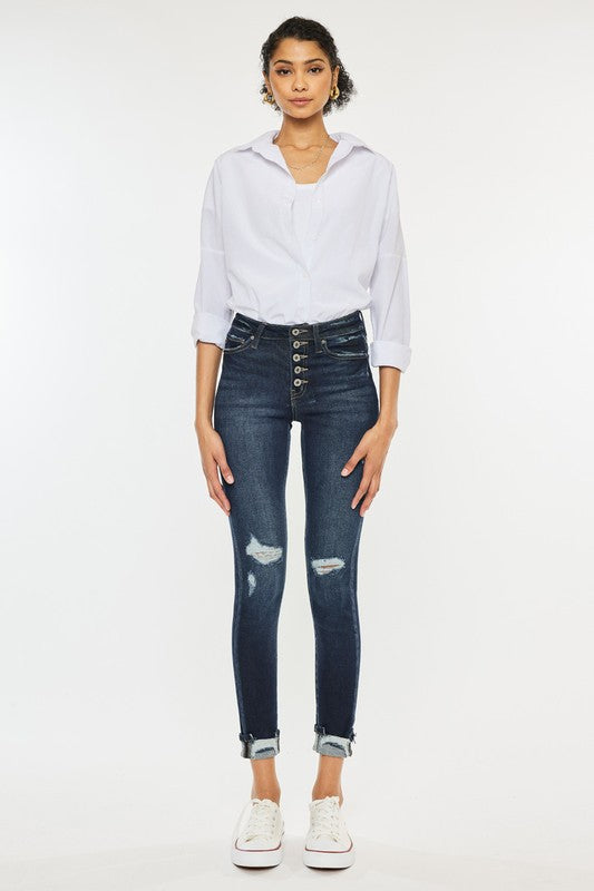 High Rise Button Down Cuffed Ankle Skinny Jeans