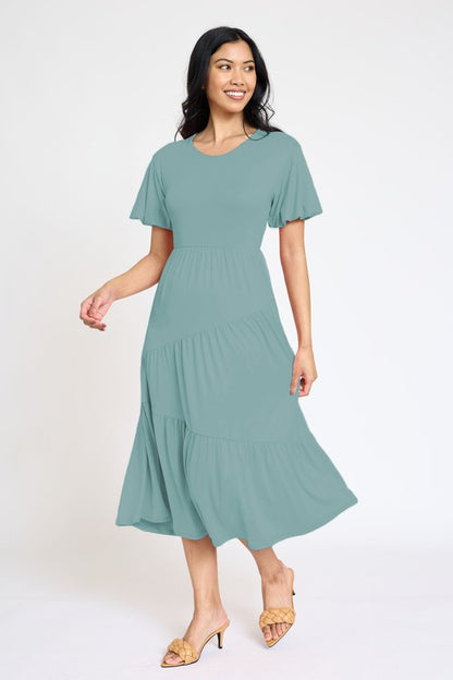 Plus Solid Diagonal Tiered Flowy Dress