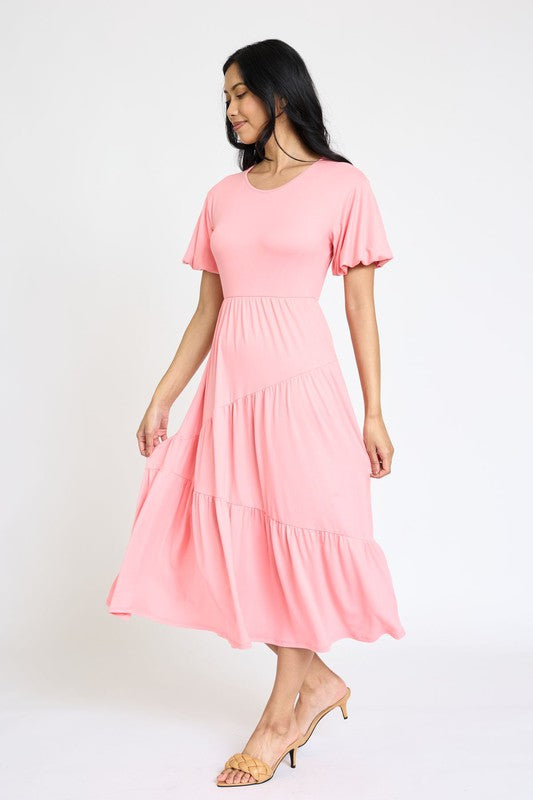 Plus Solid Diagonal Tiered Flowy Dress