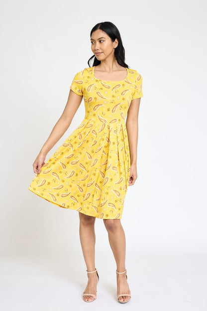 Paisley Short Sleeve Pleated Midi Dress