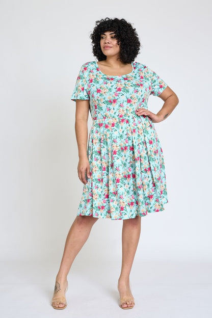 Plus Floral Short Sleeve Pleated Midi Dress