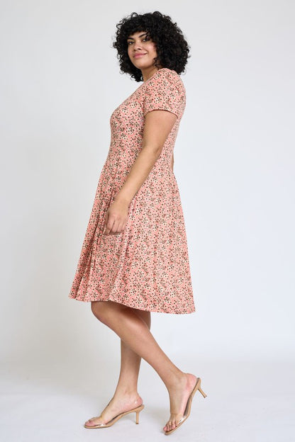 Plus Floral Short Sleeve Pleated Midi Dress