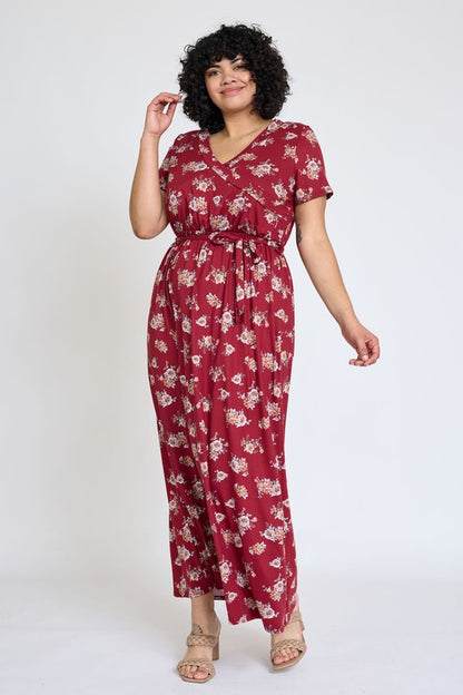 Plus Floral Surplice Bodice Sash Maxi Dress