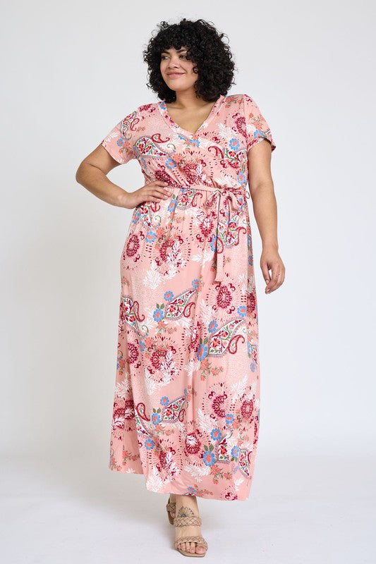 Plus Floral Surplice Bodice Sash Maxi Dress