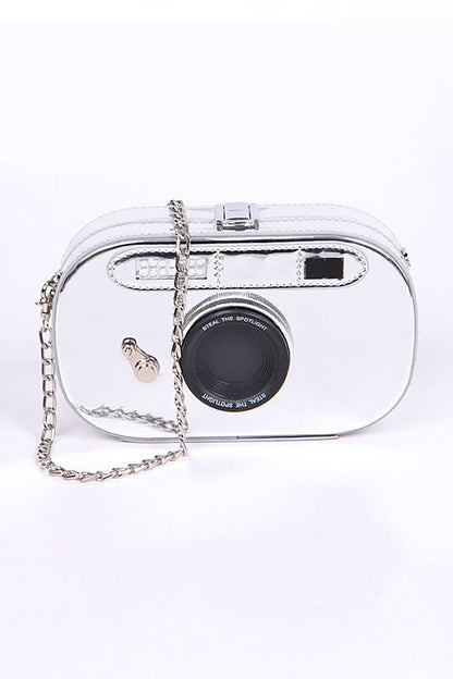 Metallic Oval Camera Iconic Swing Clutch Bag