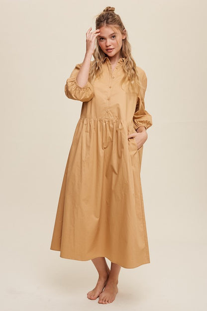 Button Front Puff Sleeve Babydoll Maxi Dress