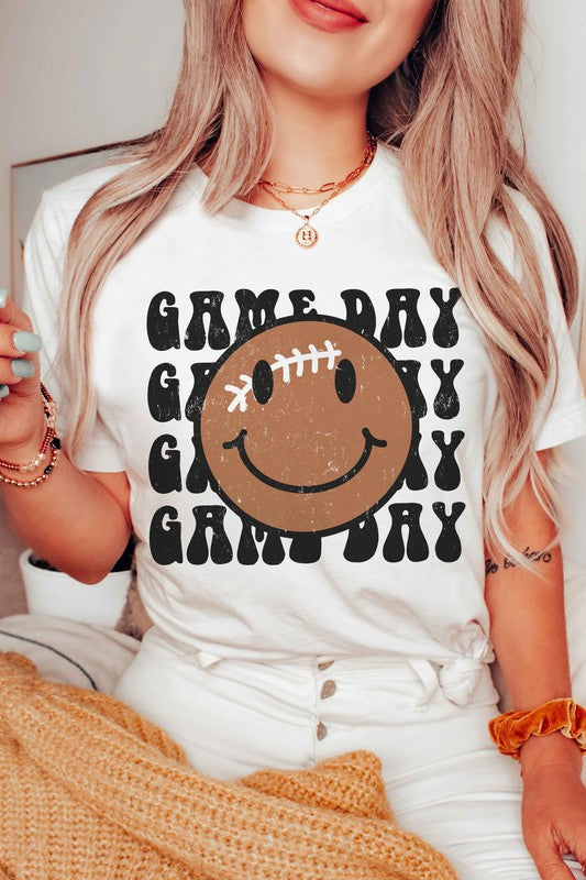 GAME DAY FOOTBALL HAPPY FACE GRAPHIC TEE