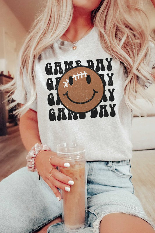 GAME DAY FOOTBALL HAPPY FACE GRAPHIC TEE