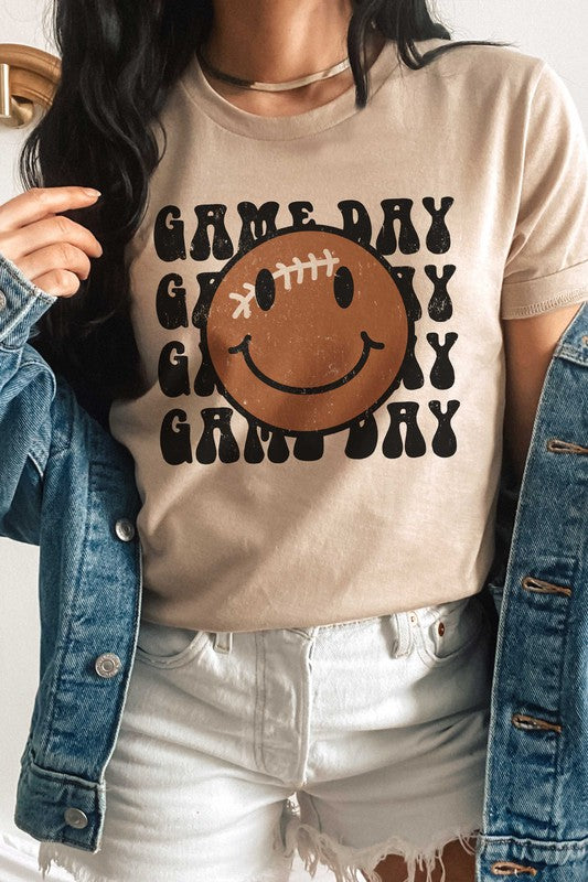 GAME DAY FOOTBALL HAPPY FACE GRAPHIC TEE