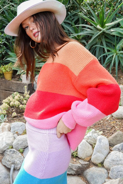 Bold Rainbow Stripe Oversized Chunky Knit Pullover